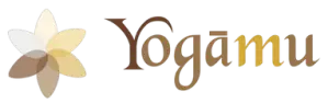 The image shows the word "Yogamu" in stylized brown and yellow text next to a six-petaled flower with shades of white, beige, and brown.